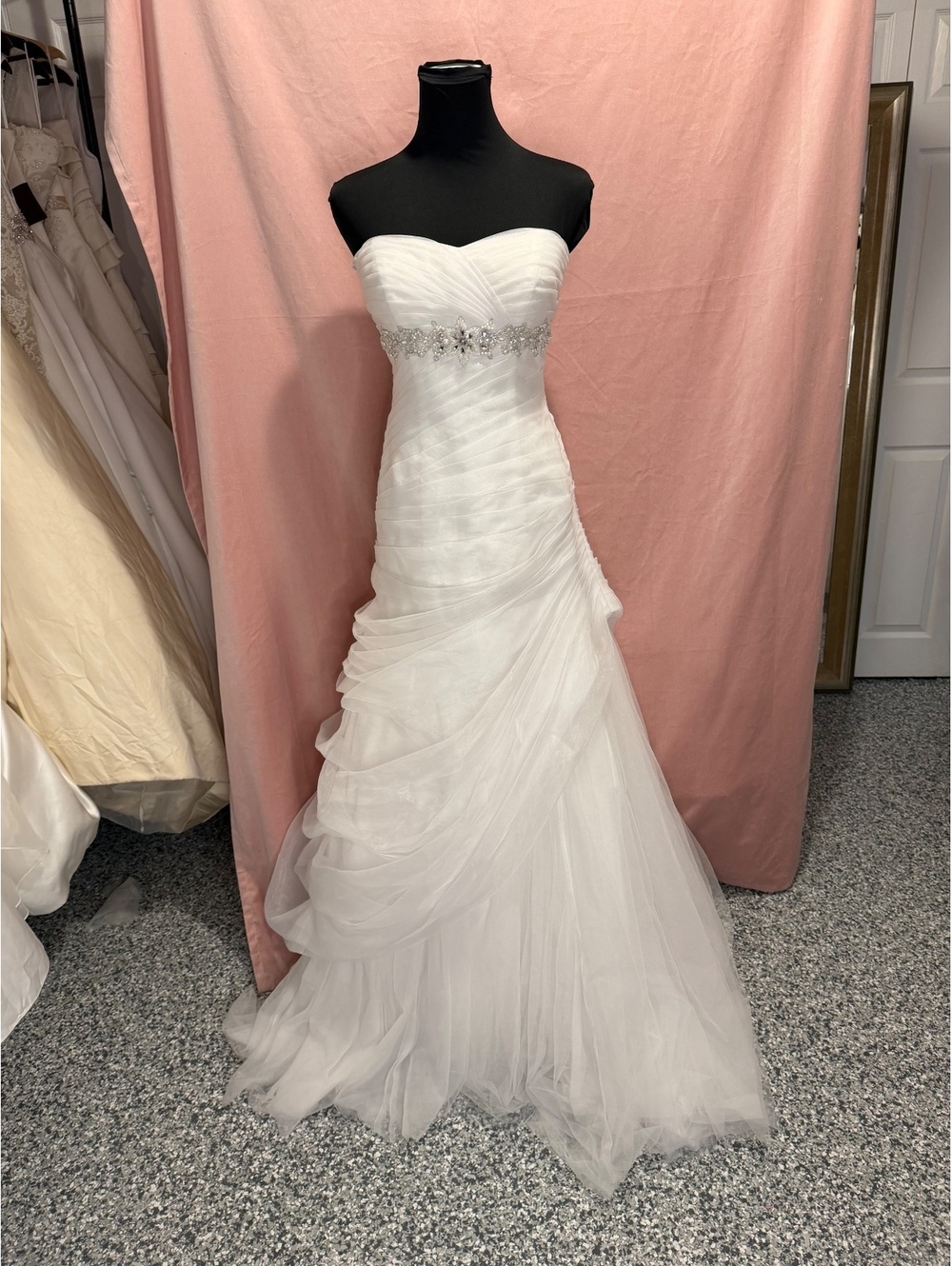David's Bridal Size 4 White Strapless Wedding Dress with Beaded Waist Detail